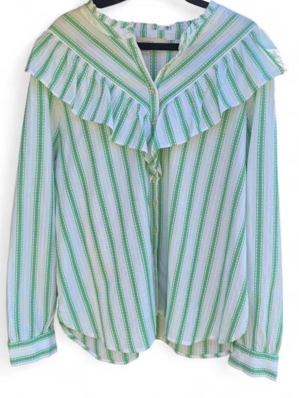 LOFT Green and White Striped Ruffle Collar Blouse